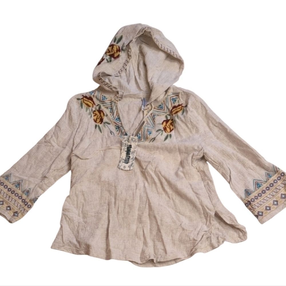 NWT Monoreno Embroidered Linen Blouse Tunic With Hood White Floral Size M